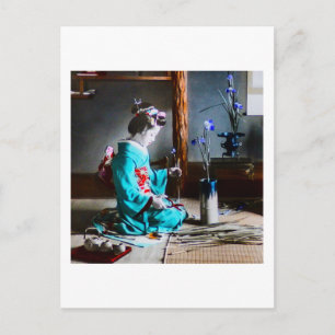 Carte Postale Une Geisha Arrange Fleurs Iris Vintage Vieux Japon