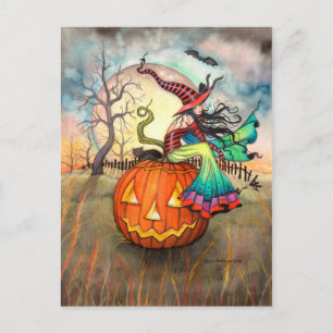 Carte Postale Une gigantesque citrouille Halloween sorcière Art