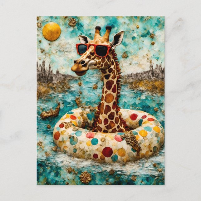 Carte Postale Une girafe en vacances dans une beigne flottante (Devant)