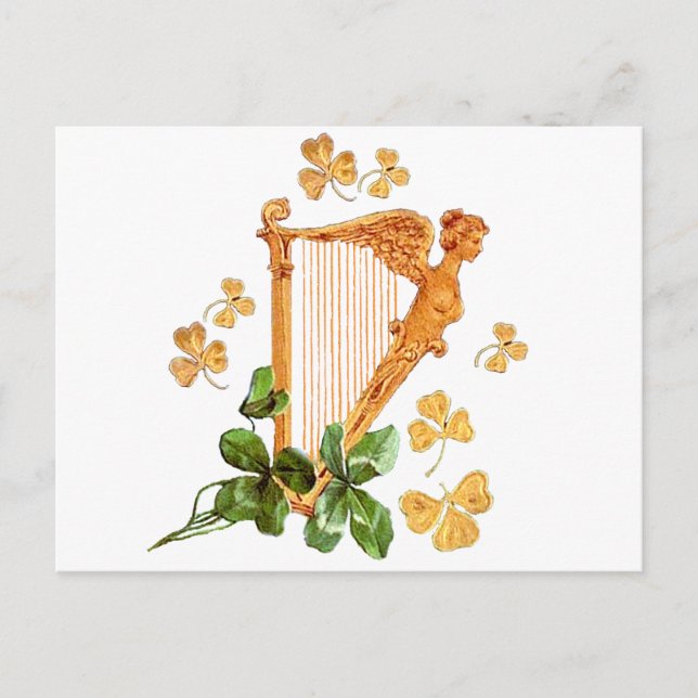 Carte Postale Une Harpe d'Irlande d'or entourée de Shamrocks (Devant)