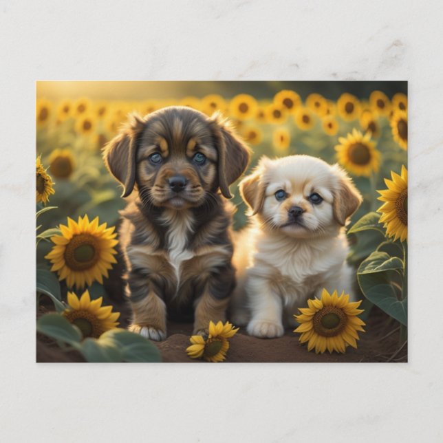 Carte Postale Une image de deux chiots dans le champ de tourneso (Devant)