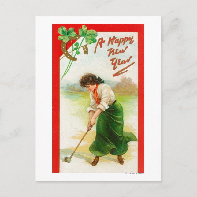 Carte Postale Une Irlandaise sur le point de frapper le Golfball (Devant)