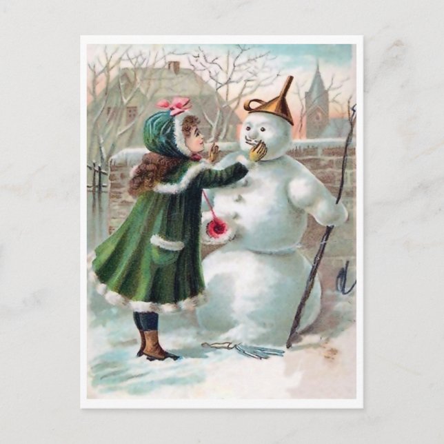 Carte Postale Une jeune fille fait un bonhomme de neige, vacance (Devant)
