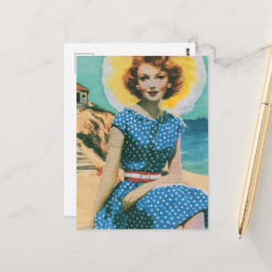 Carte Postale Une journée à la plage Dame vintage en bleu à pois