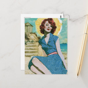Carte Postale Une journée à la plage Femme rétro en bleu à pois