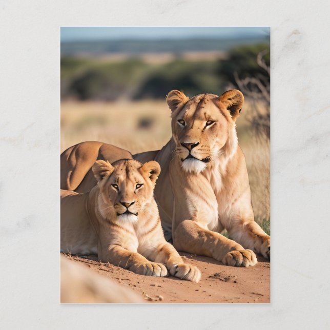 Carte Postale Une lionne avec son petit (Devant)