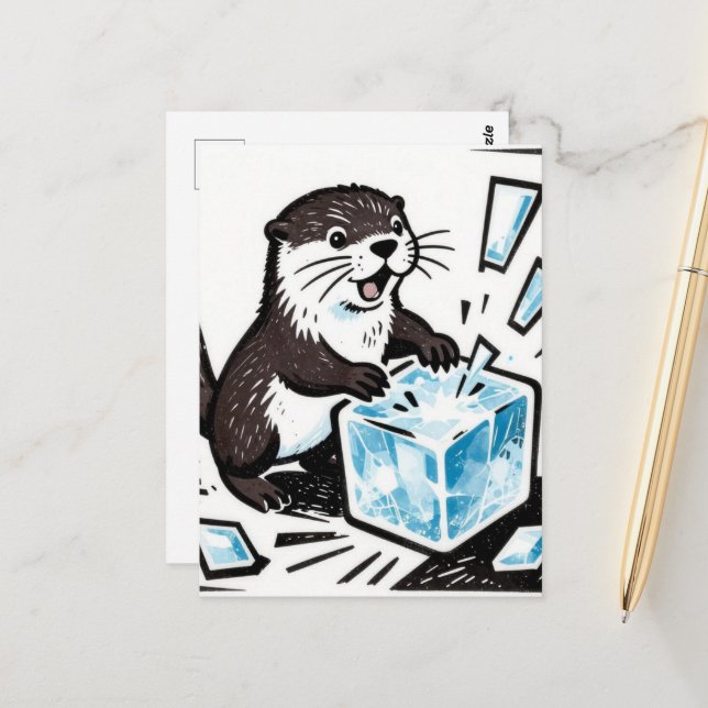 Carte Postale Une loutre adorable brisant un bloc de glace  (Devant/Arrière en situation)