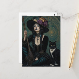 Carte Postale Une magnifique sorcière et son chat noir et blanc