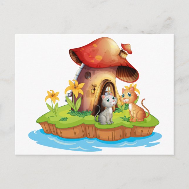 Carte Postale Une maison de champignons avec deux chats (Devant)