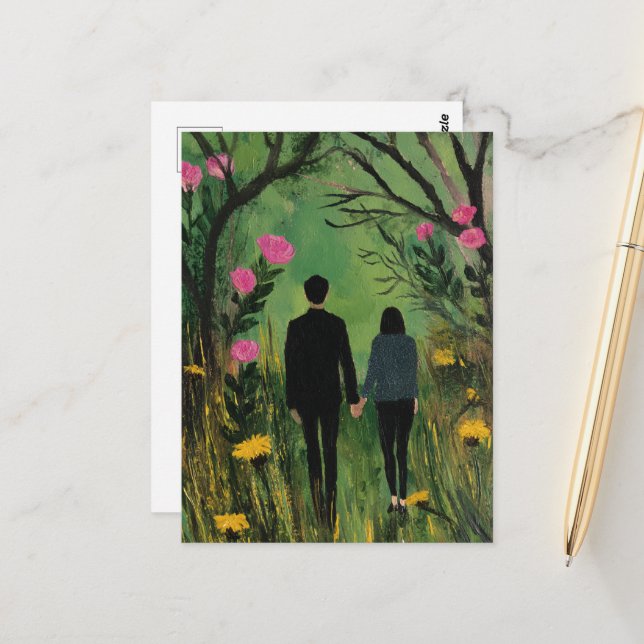 Carte Postale Une marche en couple dans les bois et les fleurs (Devant/Arrière en situation)