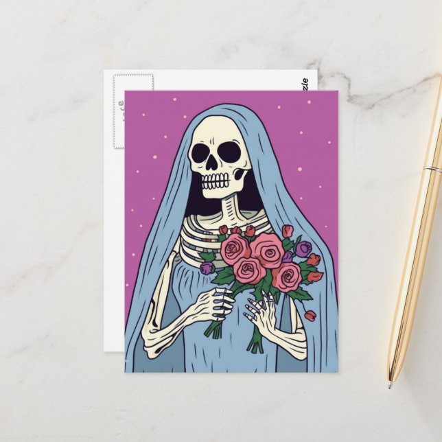 Carte Postale Une mariée squelette avec des fleurs (Devant/Arrière en situation)