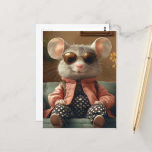 Carte Postale Une mignonne souris est assise sur un canapé