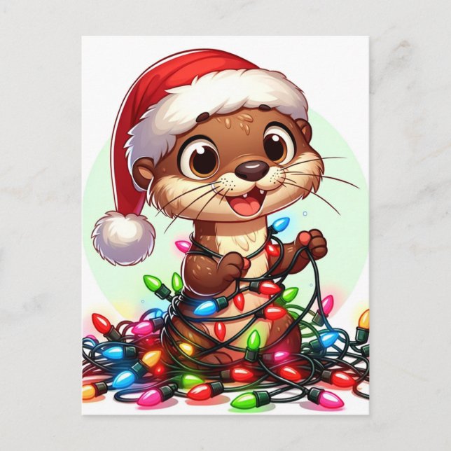 Carte Postale Une Otter de Noël festive enveloppée de lumières (Devant)