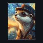 Carte Postale Une Otter Steampunk dans la nuit étoilée<br><div class="desc">L'IA a produit de l'art d'une loutre dans une ville nocturne étoilée le long d'une rivière portant un casquette et un costume à vapeur</div>