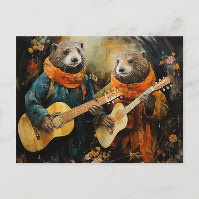 Carte Postale Une paire d'adorables loutre musiciens (Devant)