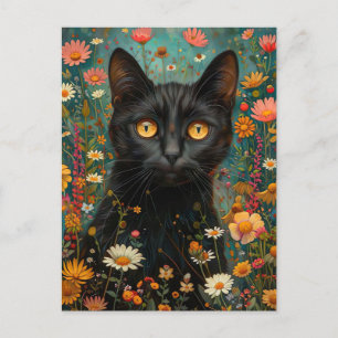 Carte Postale Une petite illustration de chat noir avec fleurs