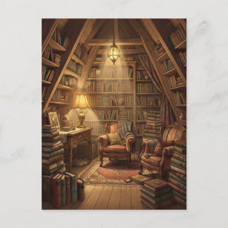 Carte Postale Une pièce de grenier cosy remplie de livres baigné