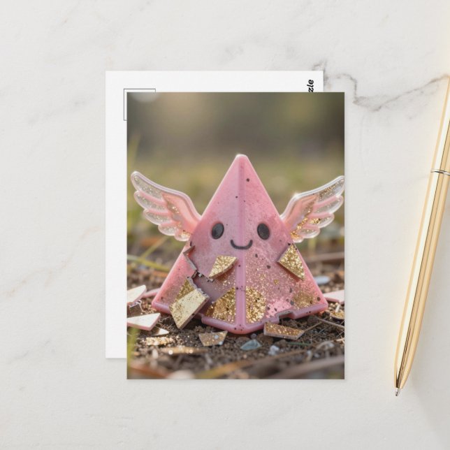 Carte Postale Une pyramide rose volante Kawaii (Devant/Arrière en situation)