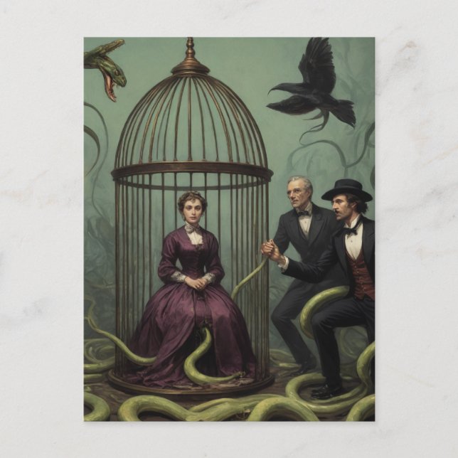 Carte Postale Une sorcière dans une cage d'oiseaux remplie de se (Devant)