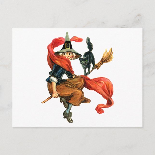 Carte Postale Une sorcière vole sur sa chambre avec son chat noi (Devant)