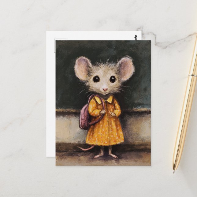 Carte Postale Une souris adorable à son premier jour d'école (Devant/Arrière en situation)