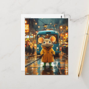 Carte Postale Une souris adorable dans un chariot de costume de
