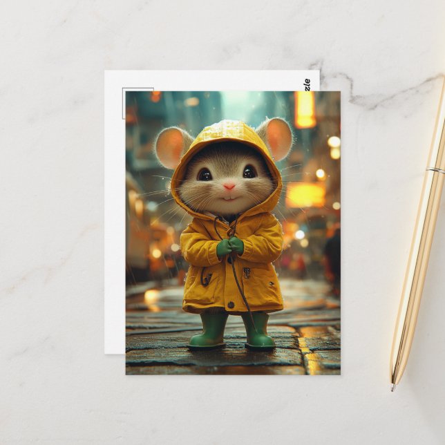 Carte Postale Une souris adorable dans un imperméable jaune (Devant/Arrière en situation)