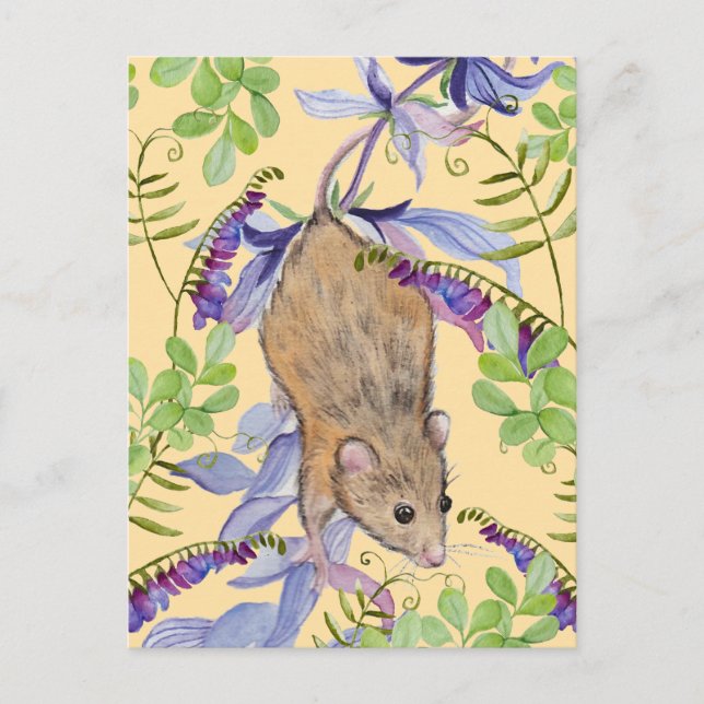 Carte Postale Une souris drôle dans un fourré de fleurs. (Devant)