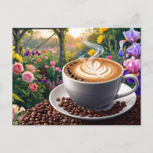 Carte Postale Une tasse de café et beau jardin de fleurs 