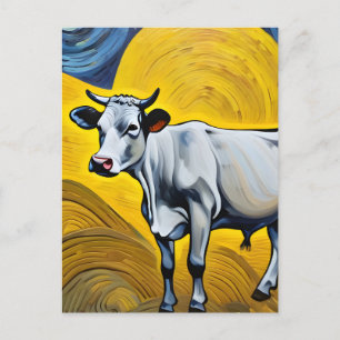 Carte Postale Une vache dans un abstrait jaune et bleu