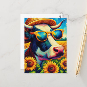 Carte Postale Une vache en lunettes de soleil dans un terrain de