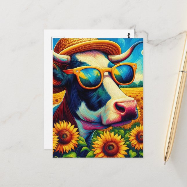 Carte Postale Une vache en lunettes de soleil dans un terrain de (Devant/Arrière en situation)