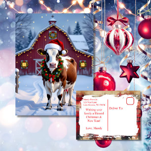 Carte Postale Une vache festive à Santa Hat Pays Noël