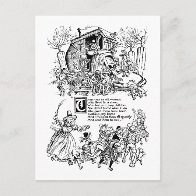 Carte Postale Une vieille femme dans une crèche de chaussures ri (Devant)