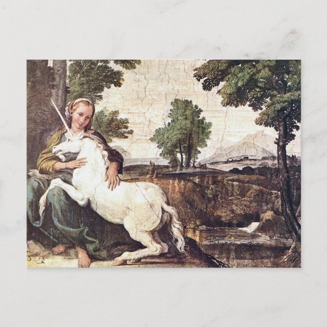 Carte Postale Une vierge avec licorne par Domenico Zampieri (Devant)