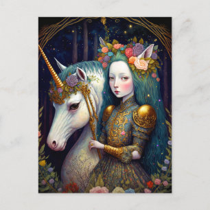 Carte Postale Unicorn et Lady Imaginaire Art