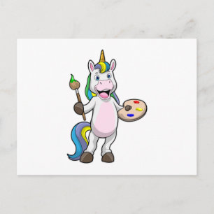 Carte Postale Unicorne à la peinture avec pinceau et couleur