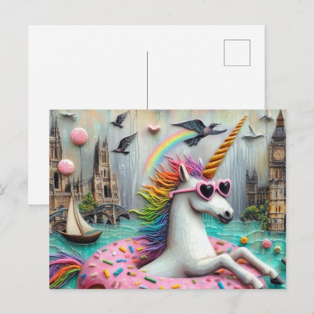 Carte Postale Unicorne adorable flottant sur une rivière de Doug (Devant / Derrière)