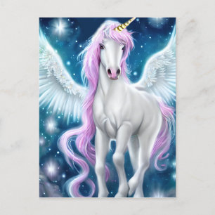 Carte Postale Unicorne aile Imaginaire avec cheveux roses