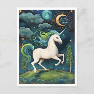 Carte Postale Unicorne blanche vibrante dans la nuit magique