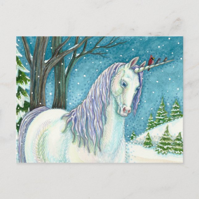 CARTE POSTALE UNICORNE D'HIVER ET OISEAUX, PAYSAGE DE NEIGE PAIS (Devant)