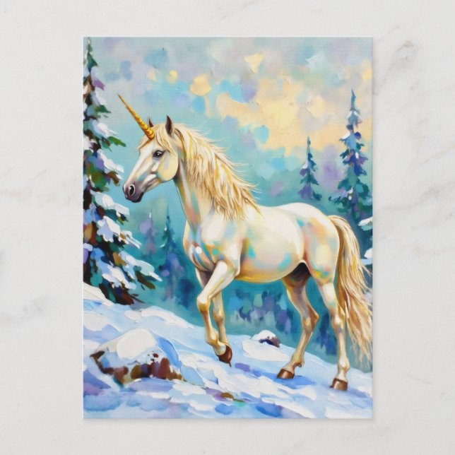 Carte Postale Unicorne en hiver (Devant)