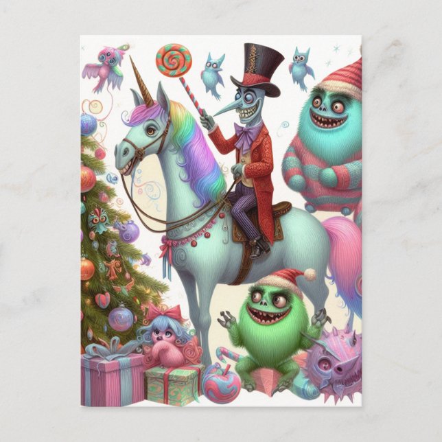 Carte Postale Unicorne et créatures de Noël inaptes (Devant)