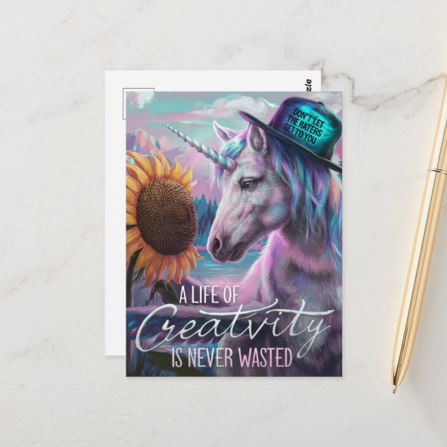 Carte Postale Unicorne et tournesol Une vie créative (Devant/Arrière en situation)