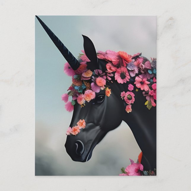Carte Postale Unicorne noire avec fleurs (Devant)