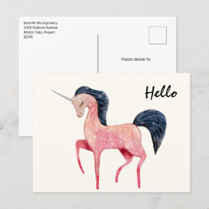 Carte Postale Unicorne nordique rose avec Mane noir