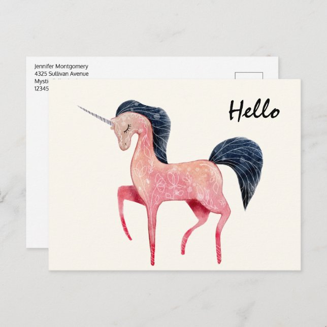 Carte Postale Unicorne nordique rose avec Mane noir (Devant / Derrière)