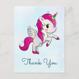 Carte Postale Unicorne rose mignonne avec Merci d'ailes