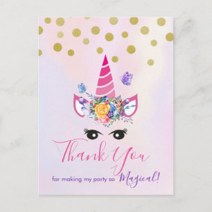 Carte Postale Unicorne rose tendance avec Merci Fleurs Party