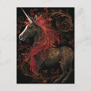 Carte Postale Unicorne rouge or noir